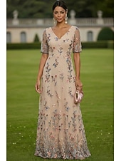 economico Lunghezza del pavimento-Linea ad A Abito Lunghezza al pavimento Vestito maxi Vestito da Festa Abito da Cocktail Abito da cerimonia per signora Manica Corta Scollo a V Elegante Vintage Lussuoso Formale Ospite di nozze Derby