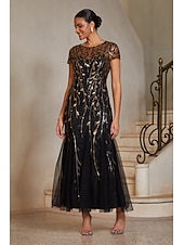  Women's Mermaid Trumpet Cocktail Dress Wedding Guest Dress Ankle Length Crew Neck Short Sleeve Illusion Sleeve High Waist Elegant Vintage 1980s Mother Of The Bride Party Semi Formal with Mesh Tulle