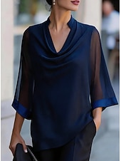  Women's Shirt Blouse Patchwork Solid Color Elegant Streetwear Daily 3/4 Length Sleeve V Neck Regular Tops Casual claret Black Navy Blue Apricot Summer Spring