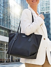 cheap Handbag &amp; Totes-Women's Minimalist Large Tote Bag, Oxford Fabric and Faux Leather Patchwork Shoulder Purse, Casual Big Capacity Work Commuter Handbag for Everyday, Black Khaki Colors