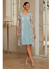 economico Rifinitura-Per donna Completi da abito in due pezzi Tubino Colonna Abito da Cocktail Abito da invitata a nozze Lunghezza al ginocchio Scollo a V Manica 3/4 Manica illusione Elegante con Pizzo Tessuto