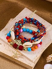 baratos Pulseira Feminina-Conjunto de pulseiras femininas boho em camadas com 8 peças, pingente de estrela-do-mar e concha, em liga dourada, multifilamento, perfeitas para usar na praia, férias de verão e viagens.