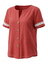  Damen Baumwoll-Leinen-Hemden Textur Kontrastspitze Spitze Vintage Kurzarm V Ausschnitt Normale Oberteile Lässig Koralle Rot Denim Blue Weiß Sommer Frühling