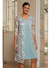 economico Rifinitura-Per donna Completi da abito in due pezzi Tubino Colonna Abito da Cocktail Abito da invitata a nozze Lunghezza al ginocchio Scollo a V Manica 3/4 Manica illusione Elegante con Pizzo Tessuto
