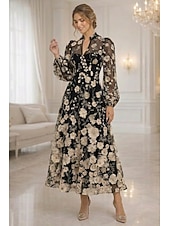 voordelige Enkel Lengte-A-lijn Tot de enkel Kanten jurk Moeder van de bruid jurk Lange mouw V-hals Elegant Vintage Luxueus Formeel Bruiloft gast Bruiloft Kant Tule met 3D-bloemen Borduurwerk Bloem