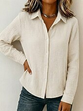  Dames 100% Katoen Button-down overhemd Textuur Knop Dagelijks Lange mouw Casual Geel Blozend Roze Beige Lente, Herfst, Winter, Zomer