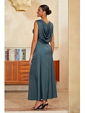 cheap Edición pulida-Women's A-Line Cocktail Dress Wedding Guest Dress Ankle Length Boat Neck Sleeveless Empire Waist Elegant Vintage Mother Of The Bride Semi Formal with Satin Sequin Lace Glitter Ruched Stretchy Ink Blue