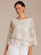 baratos Blusas de mulher-Mulheres Túnica Blusa Tops de renda Renda Barra Assimétrica Floral Elegante Manga 3/4 Sino Gola Redonda Tops regulares Diário Convidado do casamento Bege Verão Primavera Outono