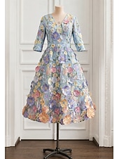 preiswerte Cocktailkleider-A-Linie Tee-Länge Cocktailkleider Elegant Vintage Blumen Halbarm V Ausschnitt Hochzeit Formell Rosa Kleid Satin Spitze mit Stickerei Tasche