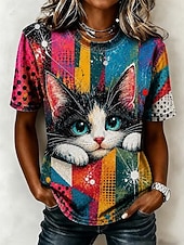 economico Maglietta Animali-Per donna Maglietta Blocco di colore Stampato Grafico Animale Gatto Vintage Elegante Classico Manica Corta Girocollo Top lunghi Casuale Quotidiano Nero Rosso Marrone Verde Estate Primavera