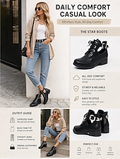 voordelige Botas de combate-Women's Black Cutout Low Heel Combat Boots – Lace-Up Ankle Boots with Adjustable Side Buckle and Durable Non-Slip Sole for Travel and Casual Wear