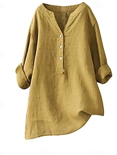 economico Camicie-Camicie da donna 100% cotone con bottoni, tinta unita, vintage, maniche lunghe, scollo a V, top lunghi, casual, rosa chiaro, curcuma, nero, verde oliva, rosso, primavera