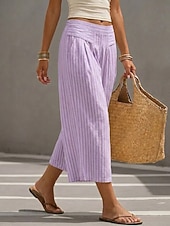 ieftine picior lat și talie înaltă-Pentru femei Picior Larg Vacanță Epocă Modă Lungime până la glezne Talie Înaltă Dungi Dungi Comfortabil Micro-elastic Vacanță Oficial Violet Galben Roz Albastru Vară Primăvară Potrivire Largă