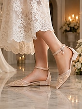 cheap Mother of Bride/Groom-Women's Simple and Elegant White Lace Flat Wedding Shoes for Mother of the Bride with Pearl Drop Charm Ankle Strap