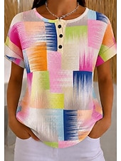  Top in maglia waffle per donna T-shirt ombre grafica geometrica elegante classica manica corta collo rotondo Henley top regolari sportivi quotidiani nero e bianco verde chiaro khaki arcobaleno estate