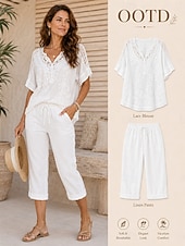  Women's Blouse Lace Solid Color Stylish Casual Short Sleeve V Neck Regular Tops Daily Blue White Black Orange Grey Summer Spring Fall