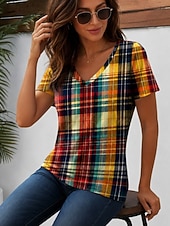  Mujer Camiseta Estampado Graphic Plaid A Rayas Elegante Clásico Casual Manga Corta Escote en Pico Tops regulares Casual Diario Azul Piscina Rosa Naranja Verde Trébol Verano Primavera