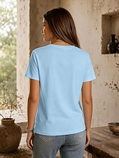  Damen T Shirt Baumwollhemd T-Shirt Einfarbig Grafik Flagge Mode Stilvoll Basic Kurzarm V Ausschnitt Lange Oberteile Täglich Ausgehen Wochenende Blau Weiß Hellgrün Rosa Beige Sommer Frühling