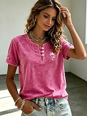 نسائي قطن مغسول 100% Cotton قميص قطني عتيق موضة أنيق كم قصير رقبة عالية مدورة قمصان عادية فضفاض شاطئ أزرق وردي بلاشيهغ رمادي الصيف الربيع