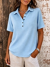  Femmes Tunique Boutons Couleur Unie ancien Élégant Classique Manche Courte Col de chemise Hauts Longs Occasionnel Quotidien Bleu Noir Blanche Rose Claire Rouge Été Printemps