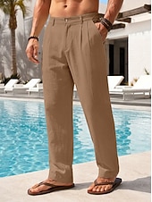 cheap Holiday-Men's Cotton Linen Pants Trousers Summer Pants Baggy Pants Beach Pants Pleated Pocket Solid Color Comfort Breathable Full Length Casual Daily Outdoor Vacation Fashion Loose Fit Blue White Inelastic