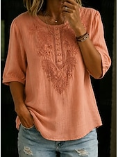 cheap Plain Blouses-Women's Shirt Eyelet Top Boho Shirt Lace Shirt Lace Embroidered Elegant Bohemia Vacation 3/4 Length Sleeve Long Tops Casual Blue White Yellow Orange Brown Summer Spring