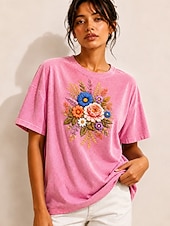 baratos Camiseta de Arte &amp; Design-Camisa Feminina Bordada 100% Algodão T-shirt Gráfica Floral Vintage Clássica Casual com Mangas Curtas Gola Redonda Têxteis Regulares Casuais Diários de Fim de Semana Azul Rosa Verde Verão Primavera
