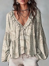 cheap Floral Blouses-Women's Shirt Tunic Ruffle Ombre Floral Graphic Elegant Bohemia Vacation Long Sleeve V Neck Long Tops Casual Daily Blue White Yellow Red Purple Summer Spring