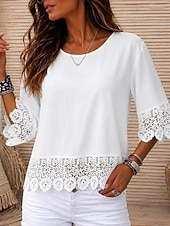  Women's Shirt Lace Trim Solid Color Elegant Bohemia Vacation Crew Neck Long Tops Casual Daily Holiday White Summer Spring