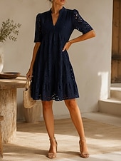 economico Vestito Semplice-Per donna Abito al ginocchio Abito ritagliato Elegante Quotidiano Vestibilità comoda Colore Puro Manica Corta Scollo a V Blu chiaro Nero Bianco Rosa Estate