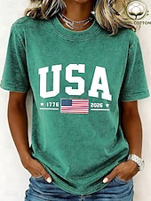  día de la independencia americana Mujer 100% Algodón Camiseta Tops lavados estilo vintage Estampado Graphic Bandera Elegante Básico Casual Manga Corta Cuello Barco Tops largos Casual Diario Azul