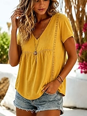 abordables Camisas-Mujer Camisa Camisas de algodón y lino Color sólido Plano Bohemia Vacaciones Vintage Sin Mangas Escote en Pico Tops regulares Casual Azul Piscina Blanco Amarillo Rosa Verano Primavera