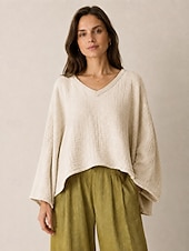 preiswerte Premium-Leinen-Kollektion-Leinenbluse für Damen mit langen Ärmeln, asymmetrischem Saum und V-Ausschnitt im Vintage-Stil, gelb, lila und beige, Herbst/Winter