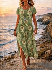  Damen Midikleid A Linie Kleid Lässig Strand Lässiger Schnitt Ombre Grafik Geometrisch Kurzarm Rundhalsausschnitt Gelb Dunkelgrün Orange Grün Sommer Frühling
