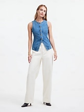 cheap Plain Tank-Women's Tank Top Tee Top denim-look Buttons Solid Color Vintage Fashion Sleeveless Sleeveless Crew Neck Regular Tops Casual Daily Blue Summer Spring