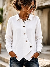  Femmes Chemisier Boutons Couleur Unie Élégant Occasionnel manche longue Col Rabattu Hauts Réguliers Occasionnel Quotidien Bleu Blanche Abricot Été Printemps Automne