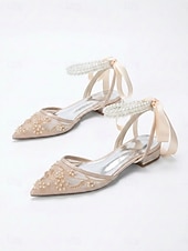 baratos Bruidsmeisje-Women's Navy Blue Wedding Flats - Pearl Ankle Strap Mesh Bridesmaid Shoes with Bow for Garden Wedding Guest
