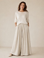preiswerte Premium-Leinen-Kollektion-Damen-Leinenhose mit weitem Bein, mittelhoher Bund, durchgehende Taschen, elastischer Bund, Vintage-Stil, Resort-Look, lässig, Reisweiß