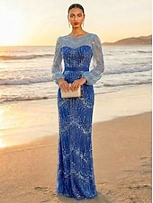 tanie Suknie wieczorowe typu sheath-Ołówkowa Kolumnowa Sięgająca podłoża Suknia wieczorowa Elegancja Błyszczące Wieczór Empire Waist Długi rękaw Półgolf Wieczorna impreza Ślub Tiul Szarmeza z Brokat Cekin Haft koralikowy