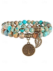 economico Bracciale da donna-Set di braccialetti da donna bohémien a strati con perline di pietra naturale, albero della vita e ciondoli a forma di foglia, gioielli da polso impilabili multicolore in 2 pezzi per l'uso quotidiano,