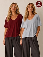  T-shirt da donna con scollo a U in cotone lyocell e canapa