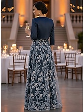economico Set di abiti per la mamma-Due Pezzi Linea ad A Lunghezza al pavimento Abito da invitata a nozze Abito da cerimonia per signora Manica Corta Manica 3/4 Scollo a Barca Elegante Semplice Lussuoso Formale Ospite di nozze Raso