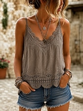 abordables Tops de Encaje-Mujer Top de empalme de encaje Tops de verano Cami Top Jacquard Ribete de encaje Encaje de ilusión Elegante Bohemia Activo Sin Mangas Escote en Pico Tops regulares Casual Blanco Amarillo Marrón Verde