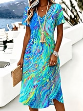  Women's Knee Length Dress Casual Dress T Shirt Dress Tee Dress A Line Dress Vacation Casual Boho Beach Regular Fit Ombre Graphic Short Sleeve V Neck Blue Summer Spring