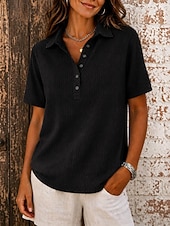  Femmes Tunique Boutons Couleur Unie ancien Élégant Classique Manche Courte Col de chemise Hauts Longs Occasionnel Quotidien Bleu Noir Blanche Rose Claire Rouge Été Printemps
