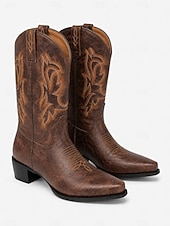 cheap Cowboy &amp; Western Boots-Women's Red Embroidered Western Cowboy Boots, Pointed Toe Pull-On Cowgirl Boots for Country Concerts and Festivals