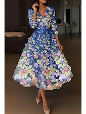 preiswerte Cocktailkleider-A-Linie Tee-Länge Cocktailkleider Elegant Vintage Blumen Halbarm V Ausschnitt Hochzeit Formell Rosa Kleid Satin Spitze mit Stickerei Tasche