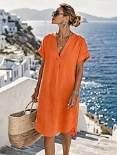 cheap Dresses-Women's Knee Length Dress Linen Dresses Vintage Daily Slim Plain Short Sleeve V Neck Khaki Red Orange Summer