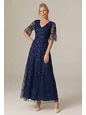 cheap Ankle Length-A-Line Dress Ankle Length Party Dress Cocktail Dress Wedding Guest Dress Mother of the Bride Dress Short Sleeve V Neck Elegant Vintage Formal Tulle with Embroidery Appliques Flower