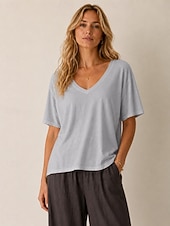  T-shirt da donna con scollo a U in cotone lyocell e canapa